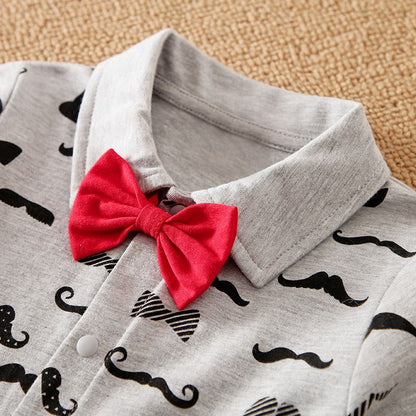 Baby Boy Red Bow Tie Decor Faux-two Long-sleeve Moustache Jumpsuit