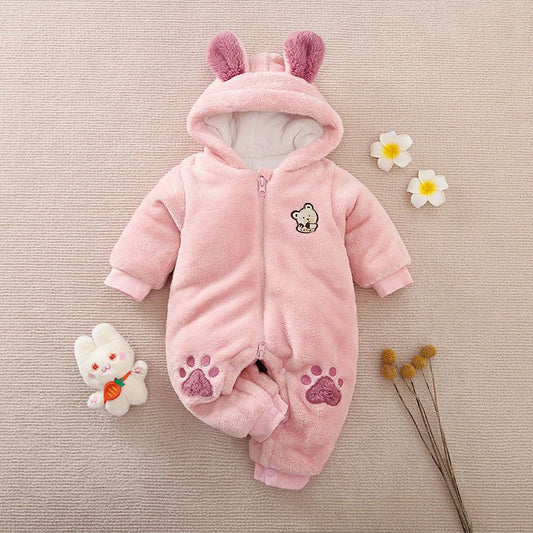 Baby Boy/Girl Solid Thickened Winter Long-sleeve Baby Pinkish Hooded Jumpsuit