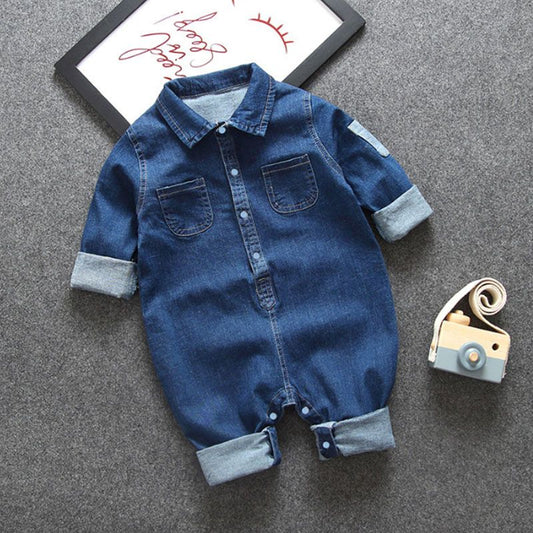Baby Boy/Girl Denim Polo Collar Long-sleeve Baby Jumpsuit