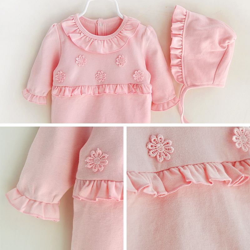 Soft Pink Floral Baby Romper Hat Set