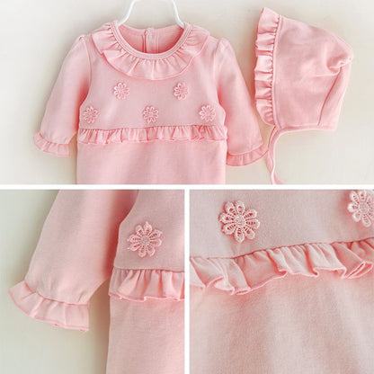 Soft Pink Floral Baby Romper Hat Set