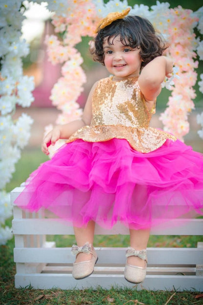 Baby/ Toddler Girl's Sequin Silver Hot-pink Layered Party Dress