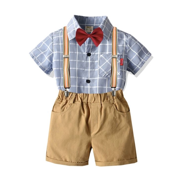 Baby Boy Plaid Design Formal Gentleman Suit with Suspender & Bow
