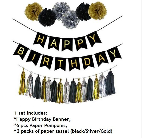 Accessories Pack of (Banner, Tassel paper, pompom) Black/Golden Theme Set for Birthday Decoration