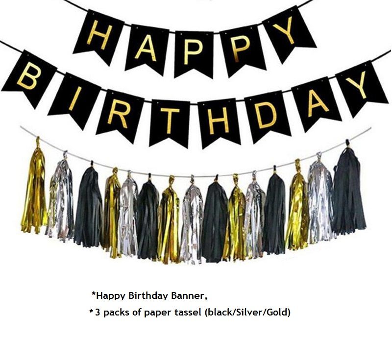 Accessories Pack of (Banner, Tassel paper) Black & Golden Theme Set for Birthday Decoration