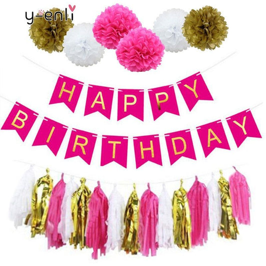 Accessories Pack of (Banner, Paper Tassel, Pompom) Pink/white Theme Set for Birthday Decoration