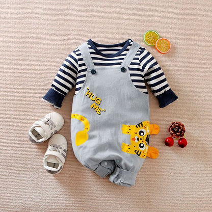 Stylish And Cute Cartoon Tiger & Hug Me Printed Dungaree-Style Striped Romper
