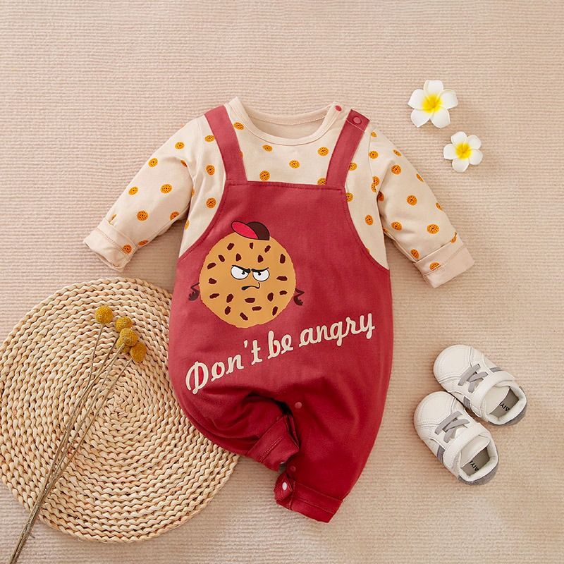 Don't Be Angry Letter Cookie Cartoon Printed Baby Girl Stylish Casual Overall Jumpsuit