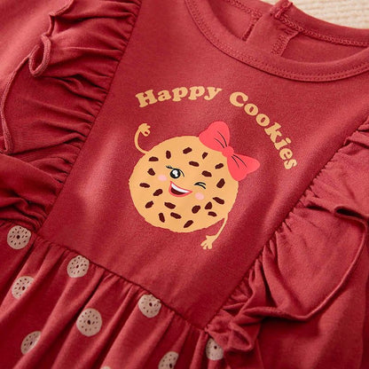 Baby Girl Stylish Casual Happy Cookies Printed Cartoon Long Sleeve Ruffled Jumpsuit