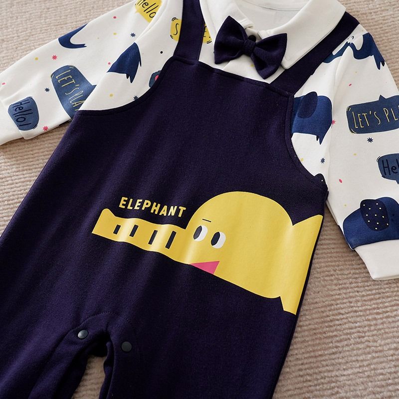 Elephant Letter Cartoon Printed Bow-Tie Partywear Overall Design Jumpsuit