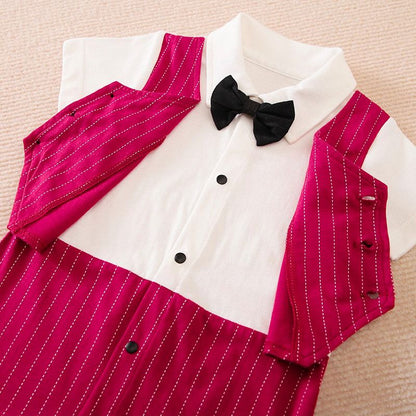 Partywear Red Color Vest Coat Design Bow-Tie Short-Sleeve Romper