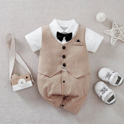 Baby Boy Birthday Party Formal 100% Cotton Bow-Tie Short-Sleeve Romper