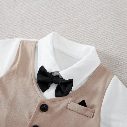 Baby Boy Birthday Party Formal 100% Cotton Bow-Tie Short-Sleeve Romper